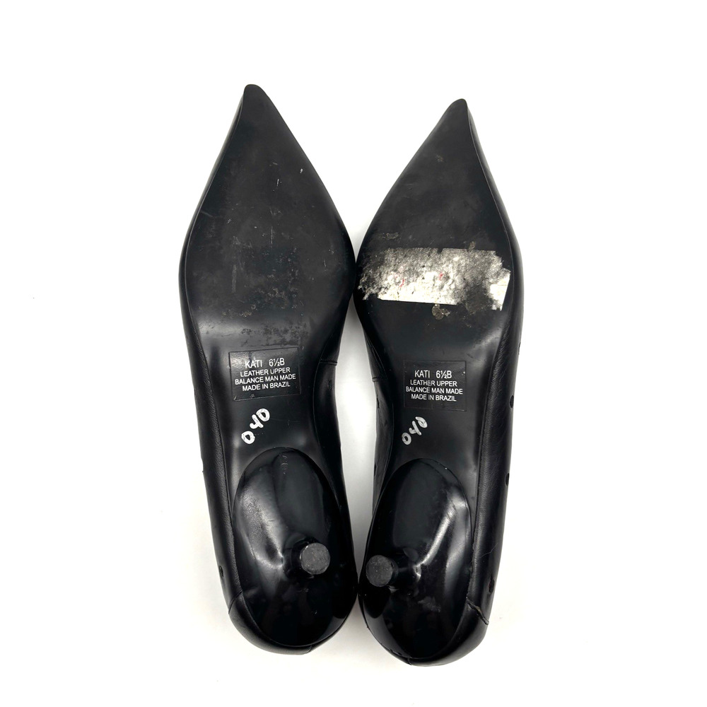 1980s San Reno 'KATI' Black Holey Leather Point Toe Kitten Heel Pump 6.5B Brazil - Picture 12 of 15